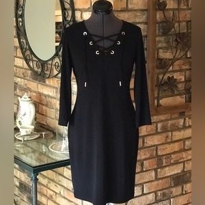 Calvin Klein Size 8 Black Dress with Lace-Up V Neck